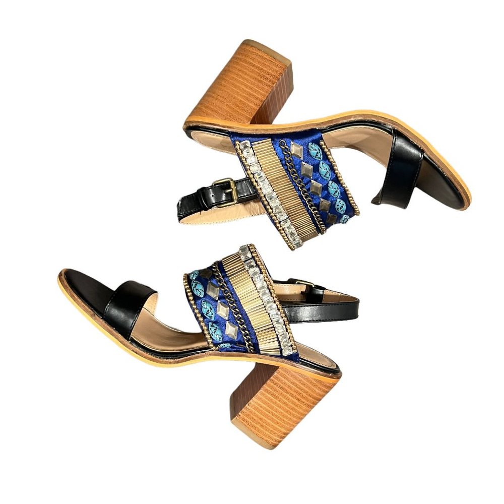 Catherine Malandrino Yance Black Stacked Heel Sandal Rhinestone Faux Tur… - Picture 12 of 12